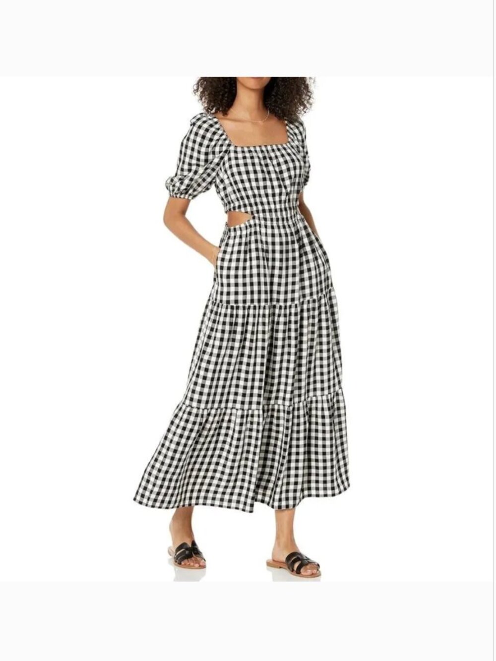 The Drop Anaya Square Neck puff sleeve Black White Gingham sundress Maxi Dress M - Picture 13 of 13